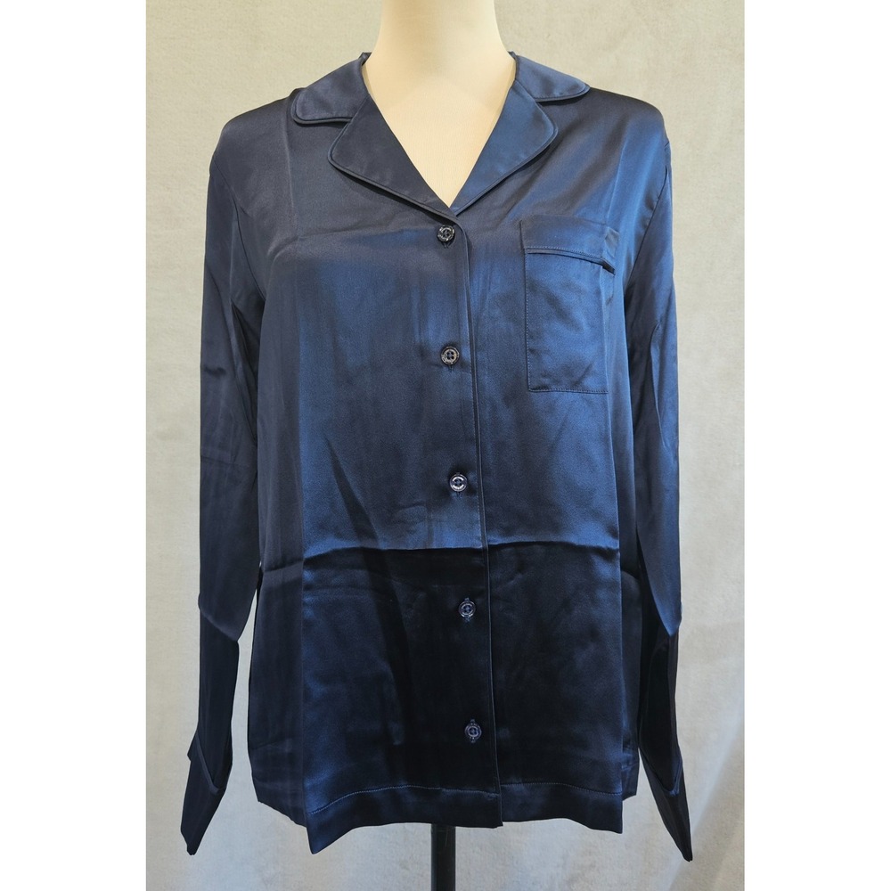 Cozy Earth Serenity Silk Pajama Shirt Navy Blue Blouse Top 100% Mulberry Silk XS